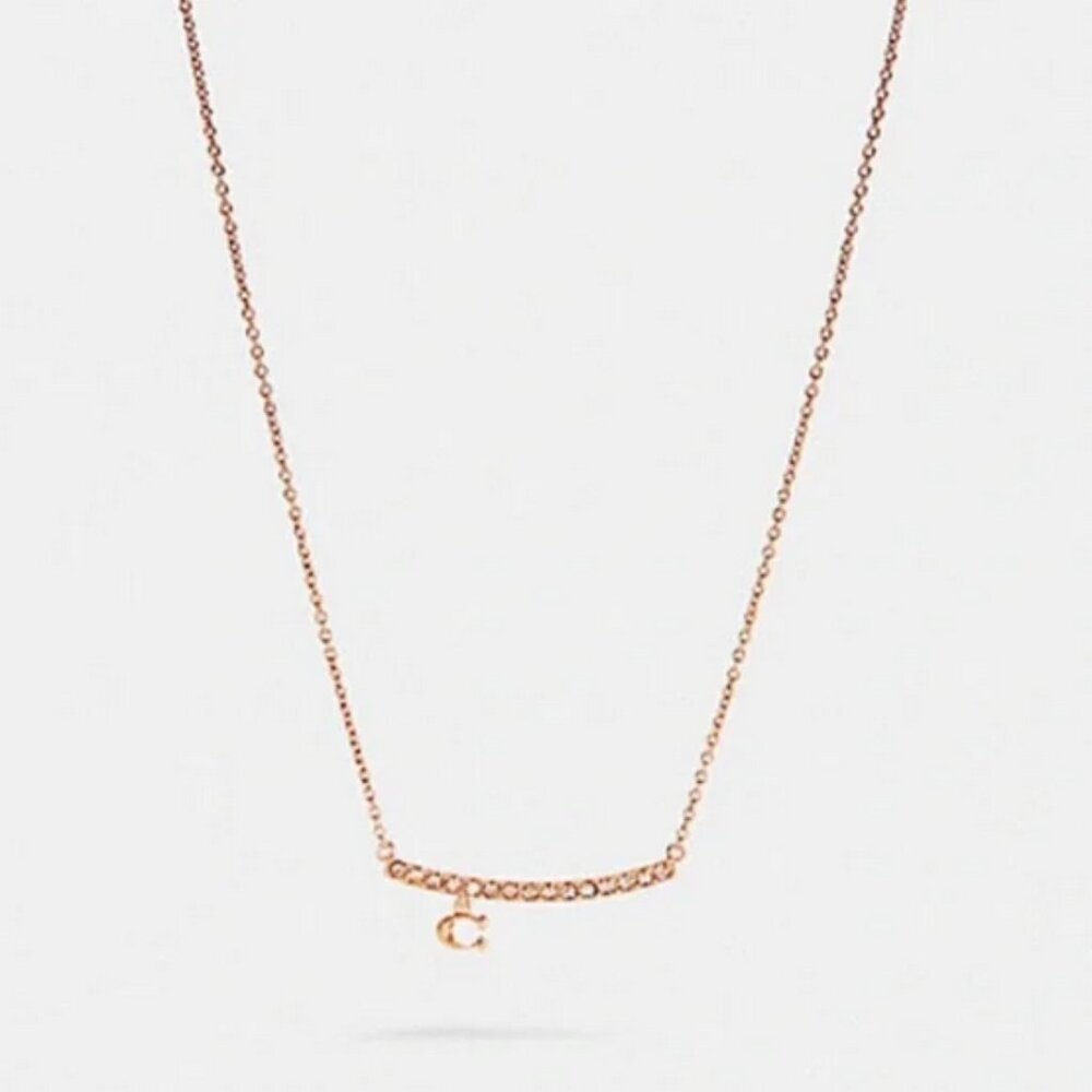 COACH Signature C Pavé Bar Charm Necklace Rose Gold NWT